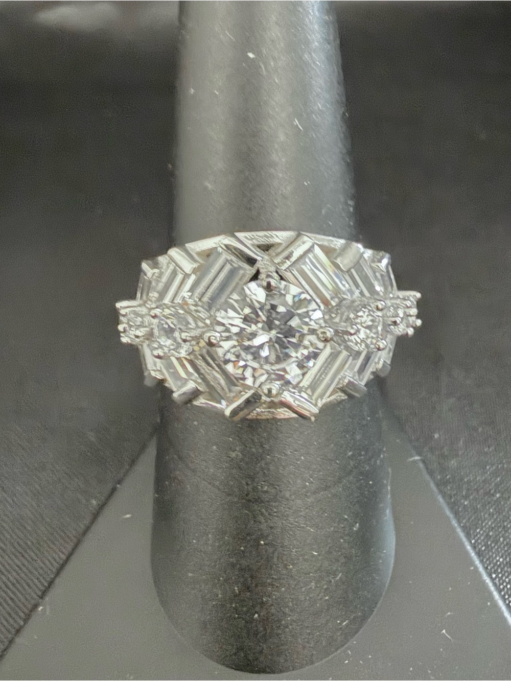 925 Sterling Silver CZ Baguette Art Deco Cocktail Ring Statement Sparkle Sz 8